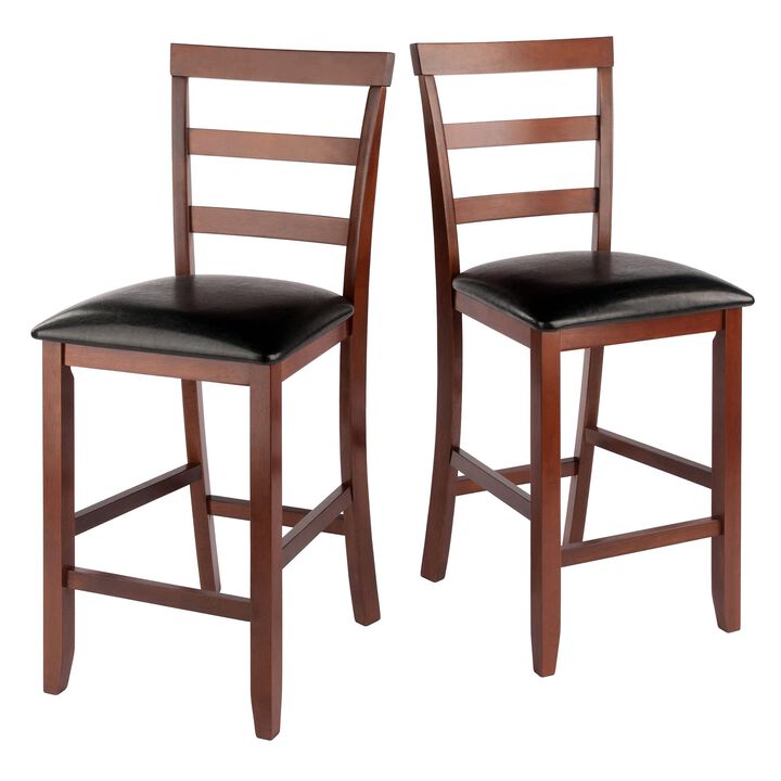 Ergode Simone 2-Pc Ladder Back Counter Stool Set, Black Faux Leather, Walnut Frame, Comfortable Cushioning, 25"H Seat Height