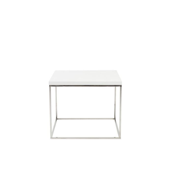 Homezia Modern White Gloss and Chrome Cube Side Table