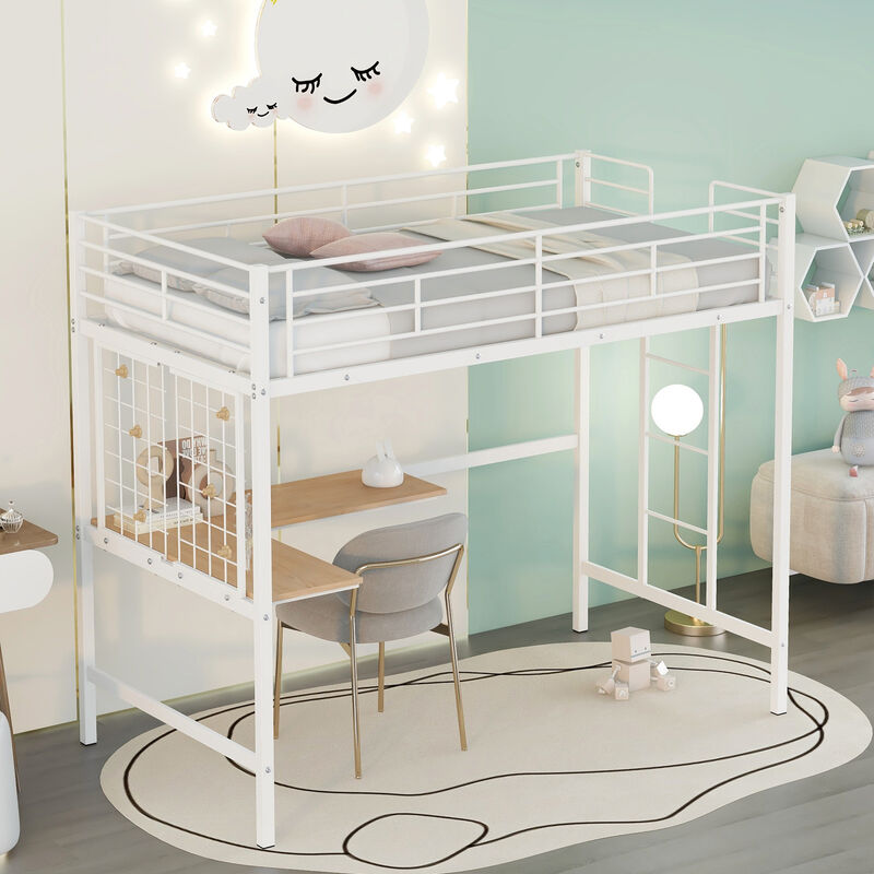 Whisen Modern Style Twin Size Metal Loft Bed with Desk and Metal Grid