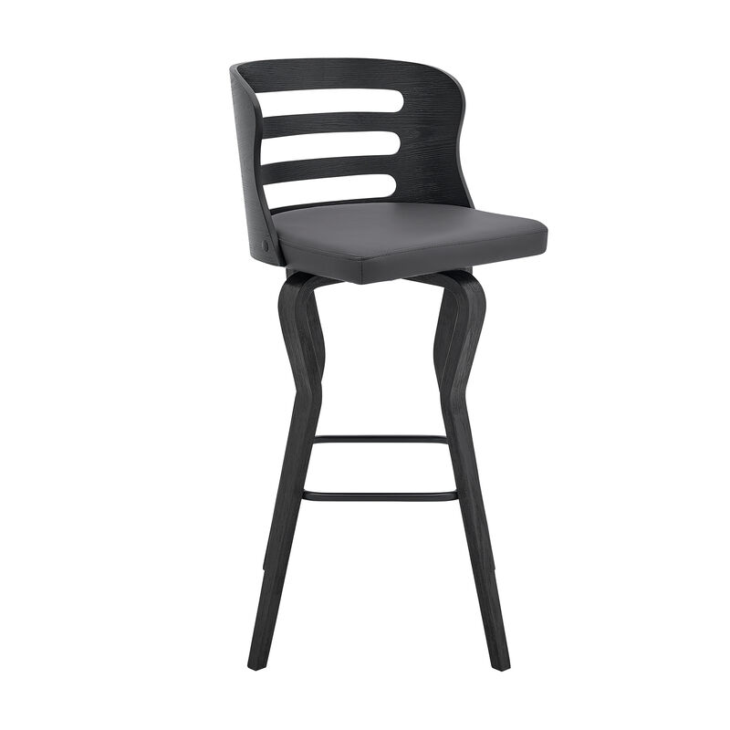 Verne Swivel Gray Faux Leather and Black Wood Bar Stool