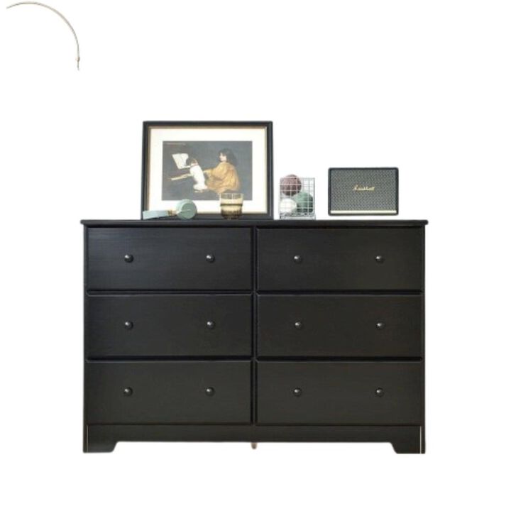6 Drawer Solid Wood Double Dresser in Black Color