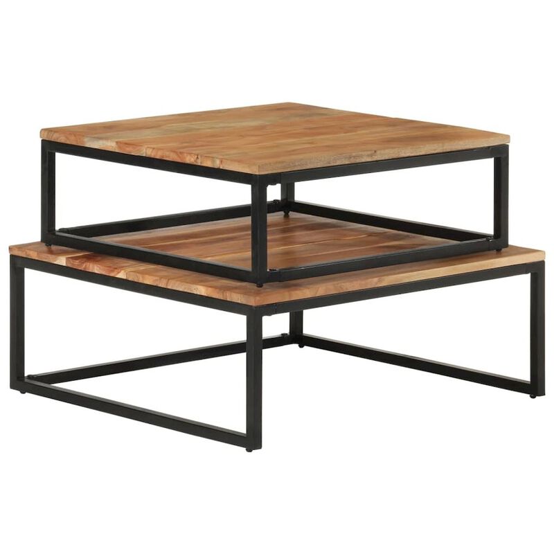 Coffee Table Set of 2 Natural wood finish and black iron