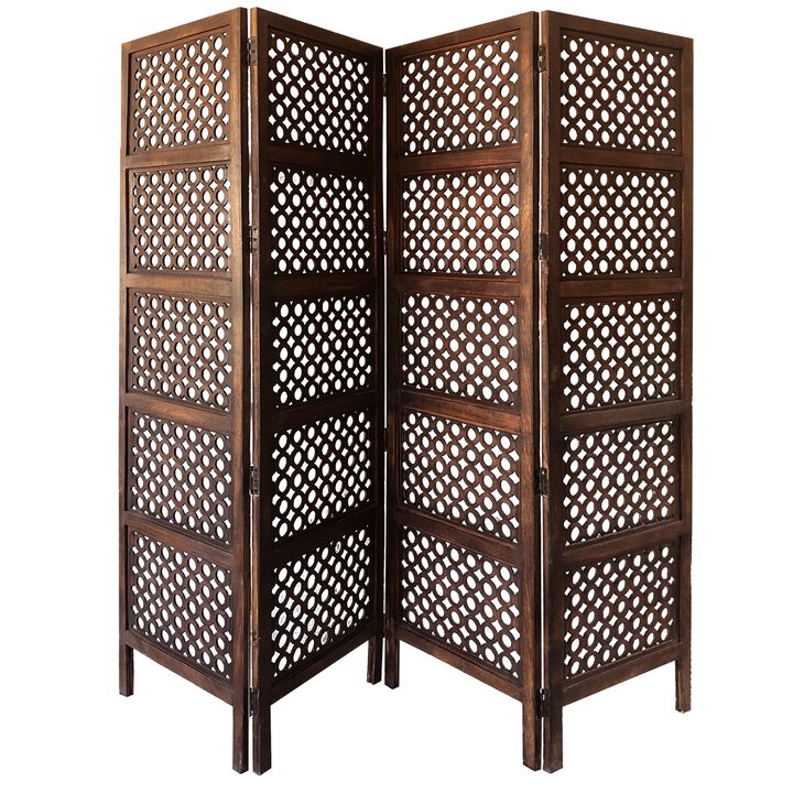 Decorative Four Panel Mango Wood Hinged Room Divider with Circular Cutout Design, Brown-Benzara