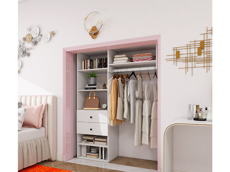 Wood Closet System with 2 Drawers Modular  Storage Cabinet, Hanging Rod and 6 Shelves Clothes Garment Rack Wall Mount or Built-in Organizer for Bedroom&nbsp;