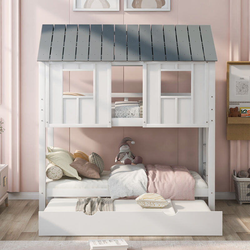 Whisen Twin Size House Bunk Bed with Trundle, Pine Wood, for Kids Teens Bedroom image number 3
