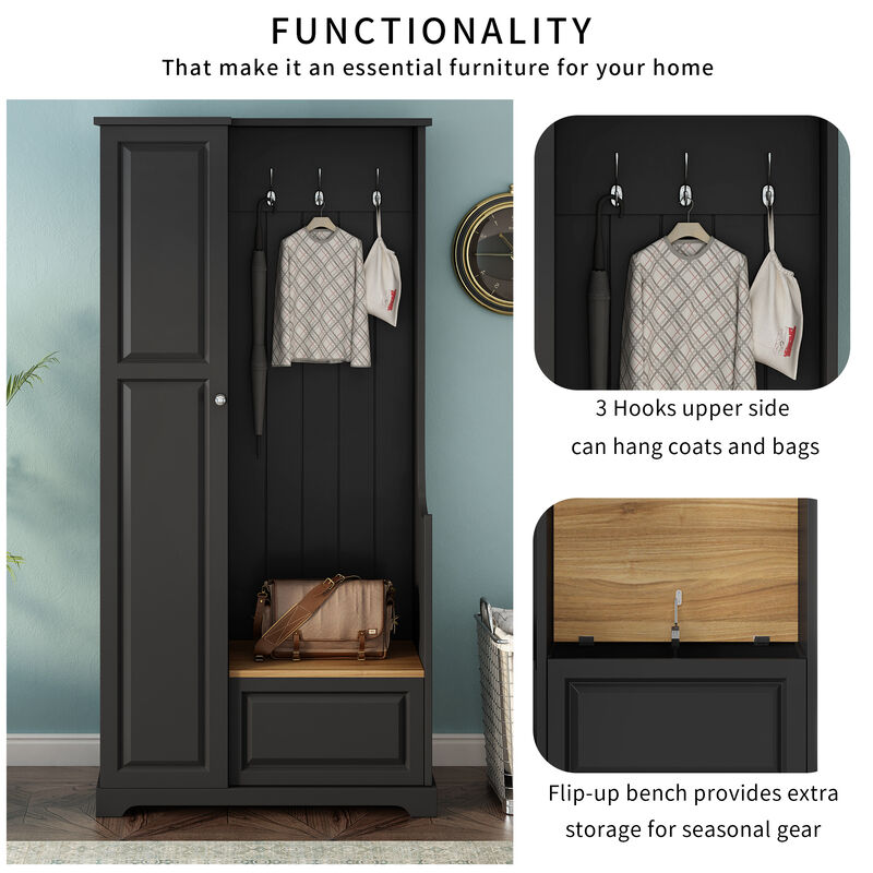 Merax Entryway Hall Tree with Flip-Up Storage Bench, 3 Hooks, 2 Adjustable Shelves image number 6