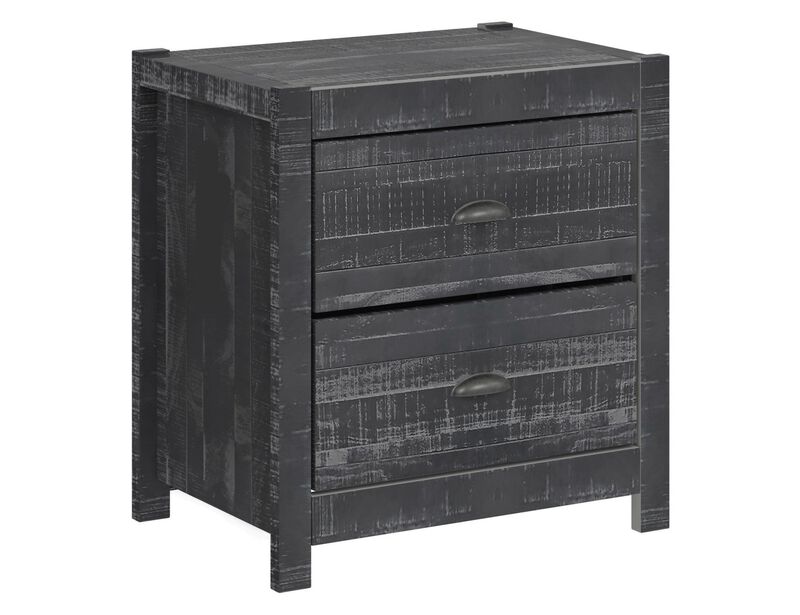 Homezia 24" Dark Gray Distressed Solid Wood Two Drawer Nightstand
