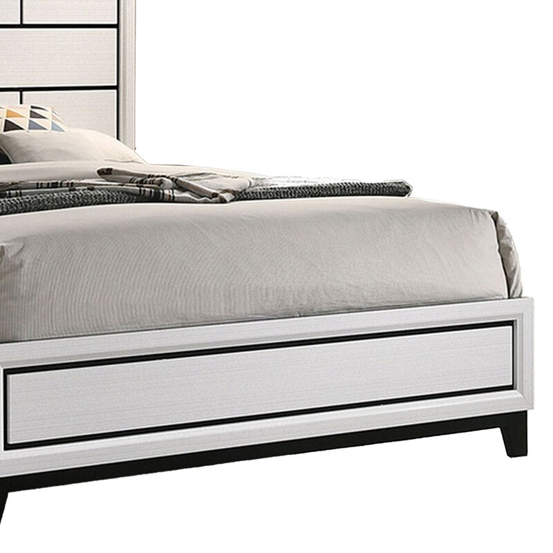 Erica Queen Size Bed, White and Black Wood Finish, Panel Style Headboard - Benzara
