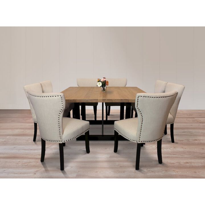 9-Piece Dining Set 8 Jill Dining Chairs in Ivory Fabric Antique Brown Legs