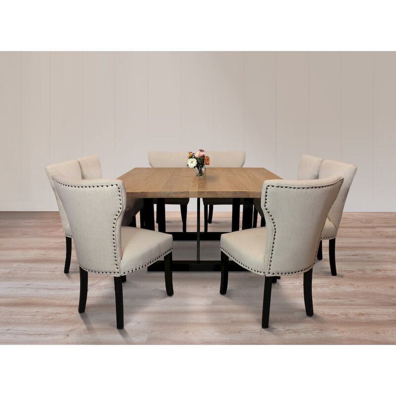 9-Piece Dining Set 8 Jill Dining Chairs in Ivory Fabric Antique Brown Legs