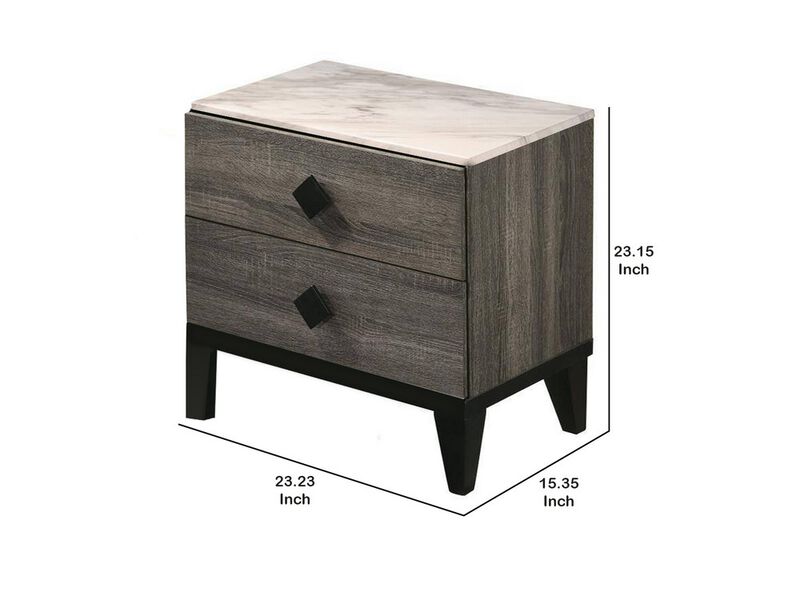 2 Drawer Wooden Nightstand with Grains and Angled Legs, Gray - Benzara