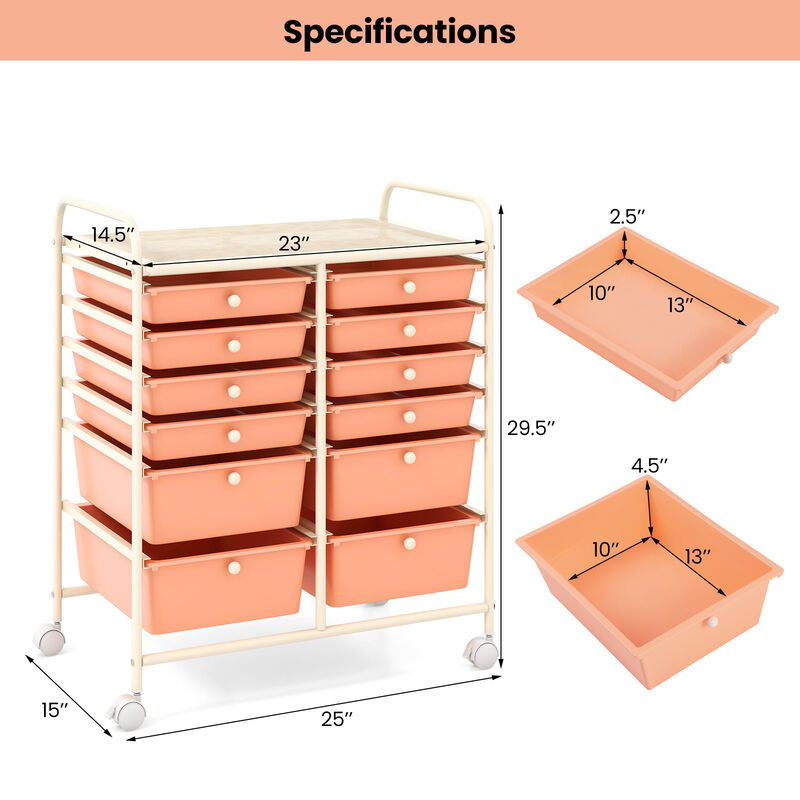 12-Drawer Rolling Organizer Cart with Lockable Wheels and Smooth Glide Drawers
