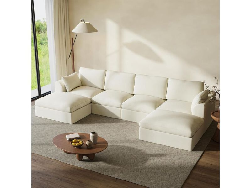 142" Modular Cloud Sectional Sofa U Shaped Convertible with Ottoman Beige Chenille image number 1