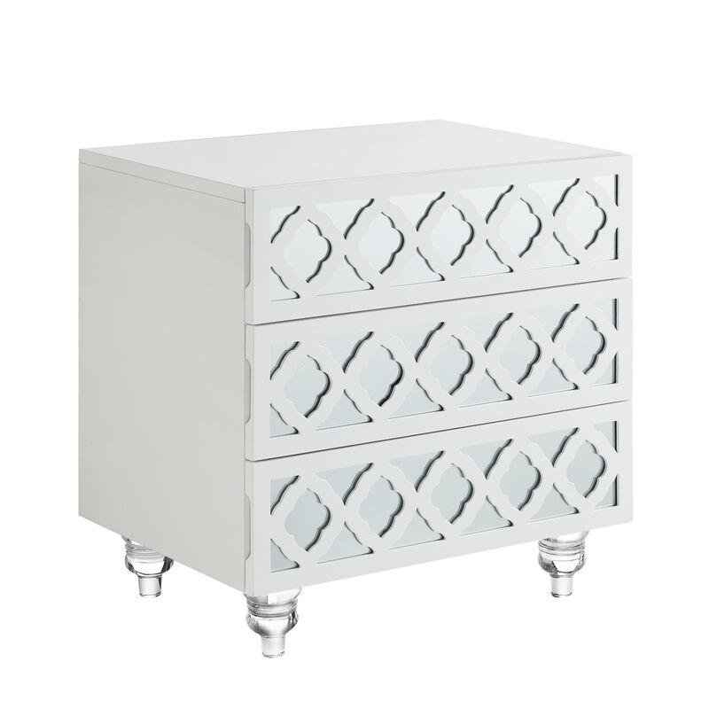 HomeRoots 24" Light Gray And Mirrored Glass Wood Cutwork End Table With Three Drawers image number 0