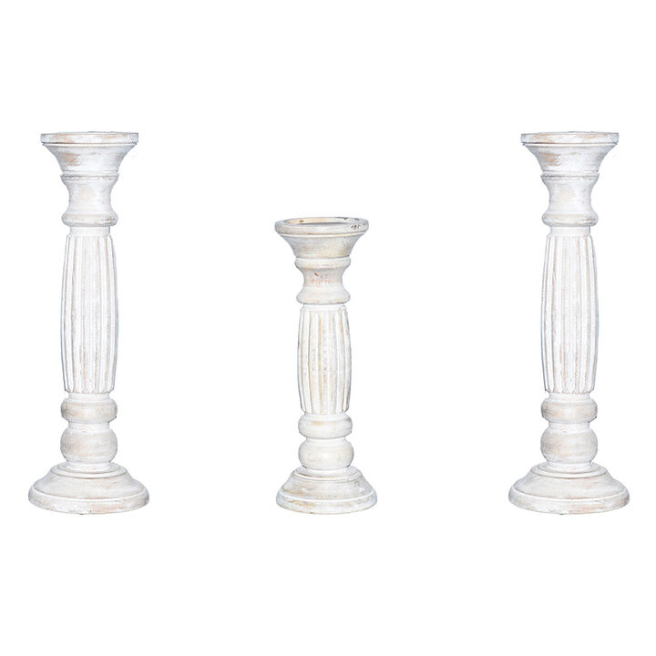 Traditional Antique White Eco-friendly Handmade Mango Wood Set Of Three 15",12" & 15" Pillar Candle Holder