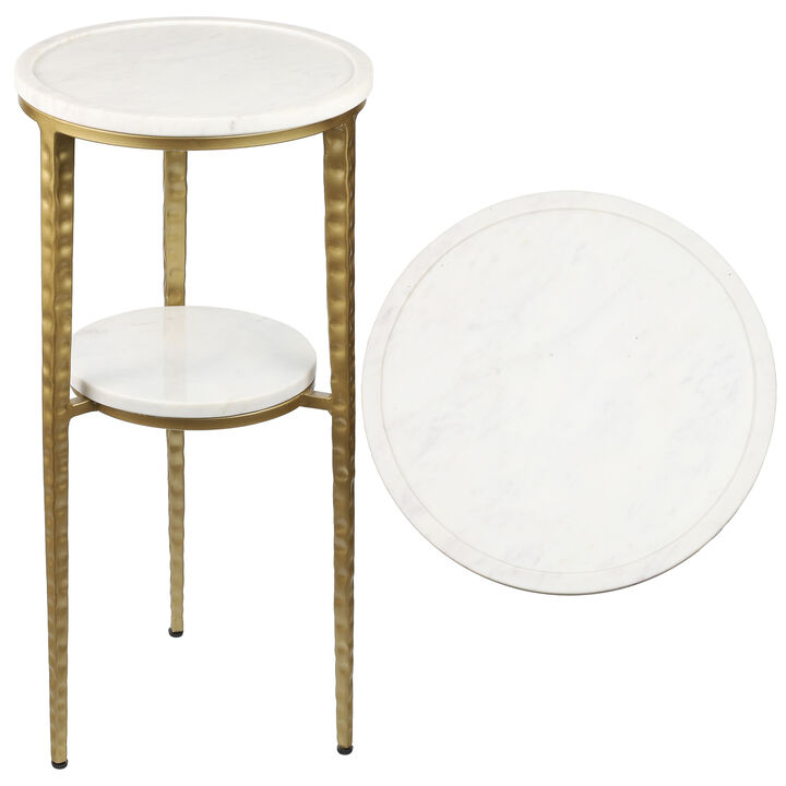 Seraphina 24.75" Industrial 2-Tier Metal Frame Drink Table and Decorative End Table with White Marble Round Top