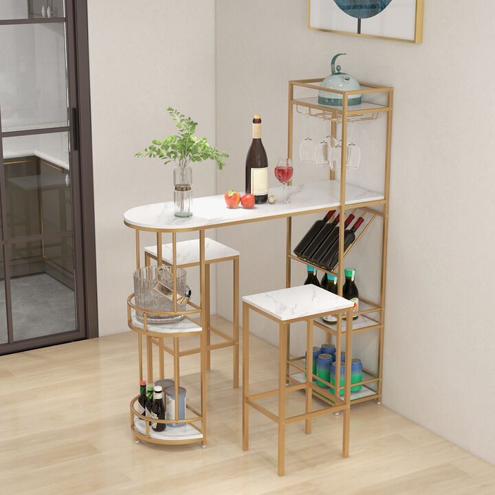 3 Pieces Bar Table Set with Storage Shelves and Wine Rack-Golden