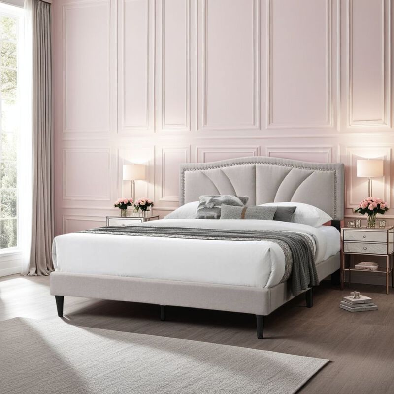 Reo Queen Size Bed, Light Brown Burlap Upholstered Curved Headboard - Benzara