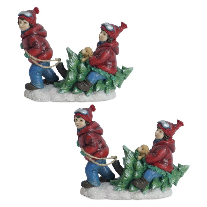 Set of 2 Festive Child and Dog Figurines with Tree for Mantel or Shelf Styling
