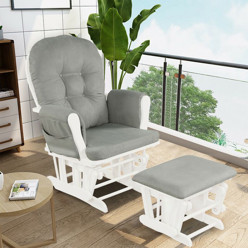 Wood Glider and Ottoman Set with Padded Armrests and Detachable Cushion