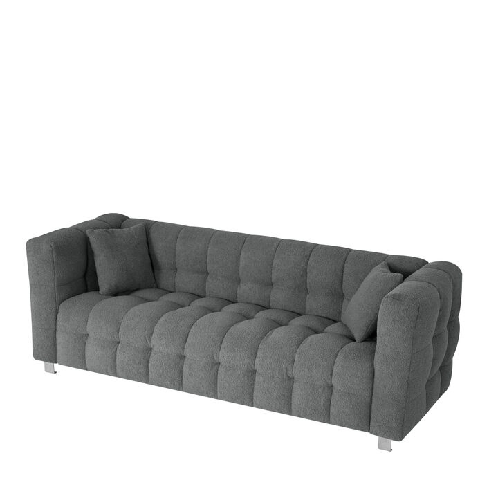 Grey teddy fleece sofa 80 inch discharge in living room bedroom with two throw pillows hardware foot support