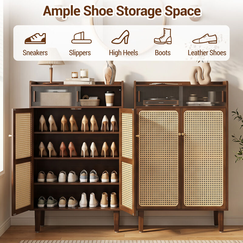 5-Tier Bamboo Shoe Cabinet with Woven Rattan Doors and Sliding Doors for Entryway image number 3