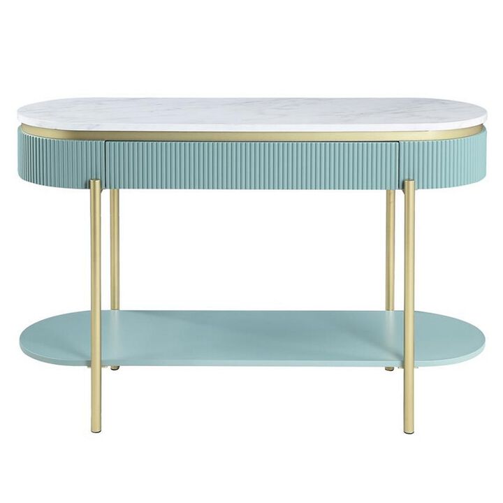 Ville 48 Inch Sofa Console Table, White Faux Marble Top, Teal Reeded Edge
