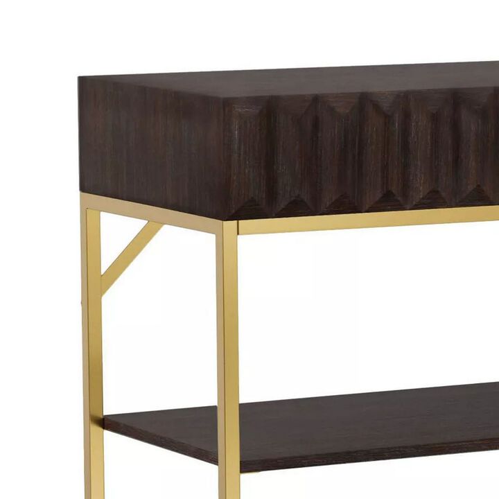 Bran 48 Inch Sofa Console Table, Brown Wood, Gold Steel Base, 2 Drawers-Benzara