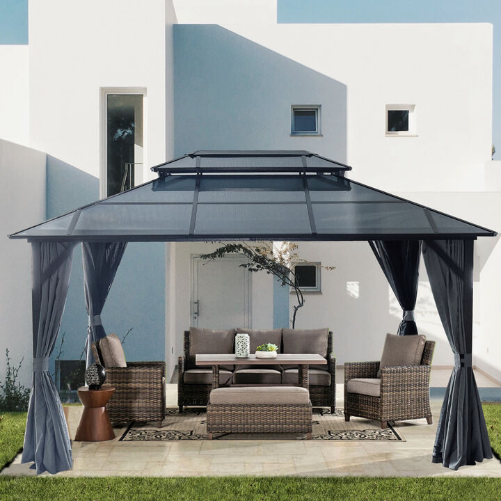 10'x13' Hardtop Gazebo, Outdoor Polycarbonate Double Roof Canopy, Aluminum Frame Permanent Pavilion with Curtains and Netting, Sunshade for Garden, Patio, Lawns