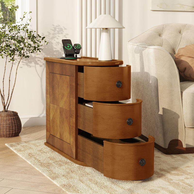 Whisen 23.6" Side Table with Charging Station, 2 Drawers Rubber Wood End Table for Living Room Bedroom image number 2