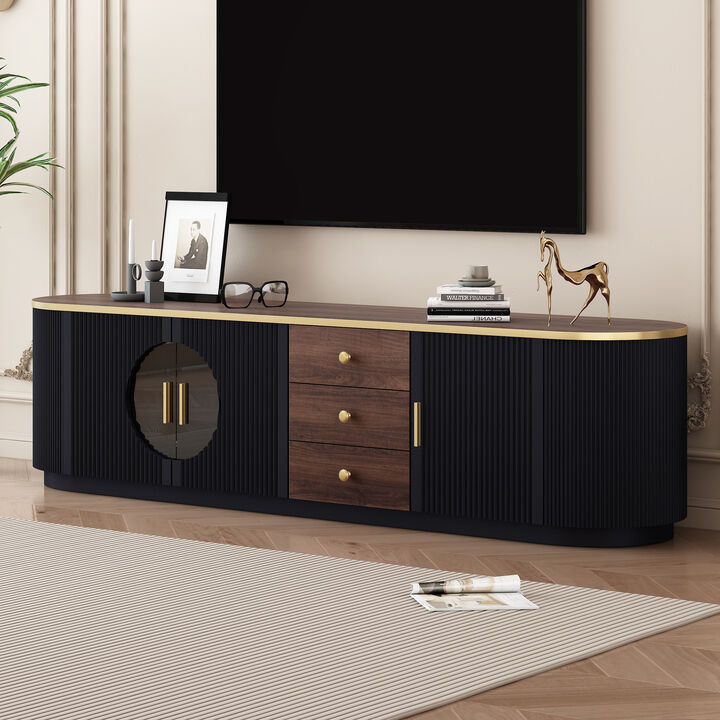 Merax Entertainment Center with Curved Grooved Sides, Glass Insert Cabinet Doors