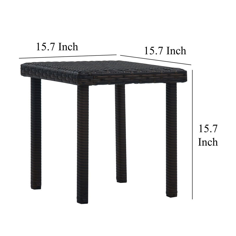 Outdoor Side End Table, 16 Inch Square Top, Woven Brown Poly Rattan - Benzara