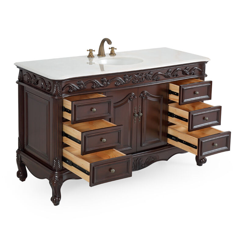 56 Inch Traditional Style Brown Beckham Bathroom Sink Vanity With White Top image number 3