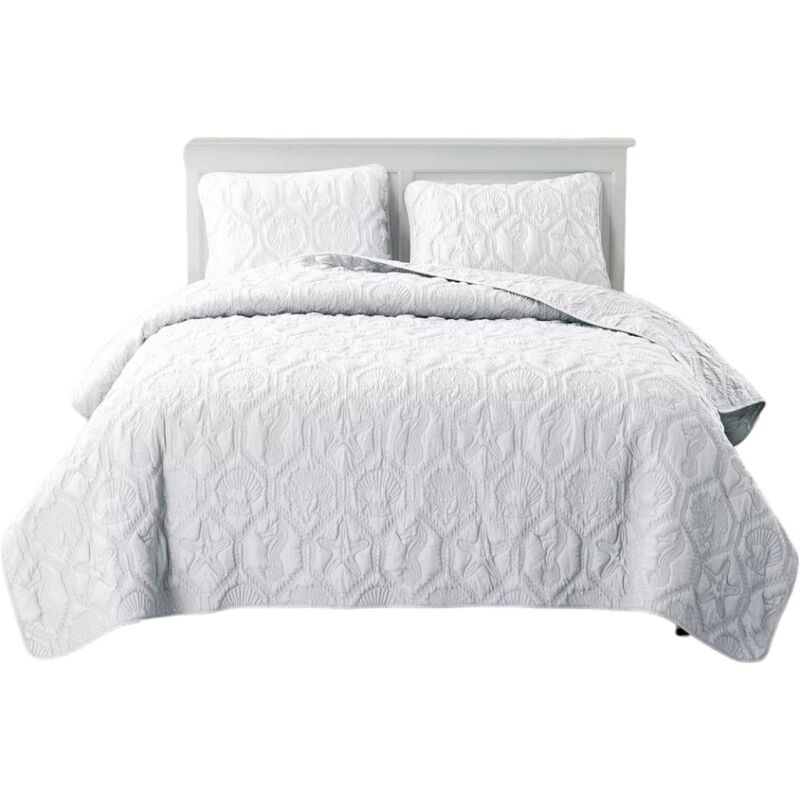 Hivvago Coastal Beach Seashells Starfish Sea Horse White Quilt Set
