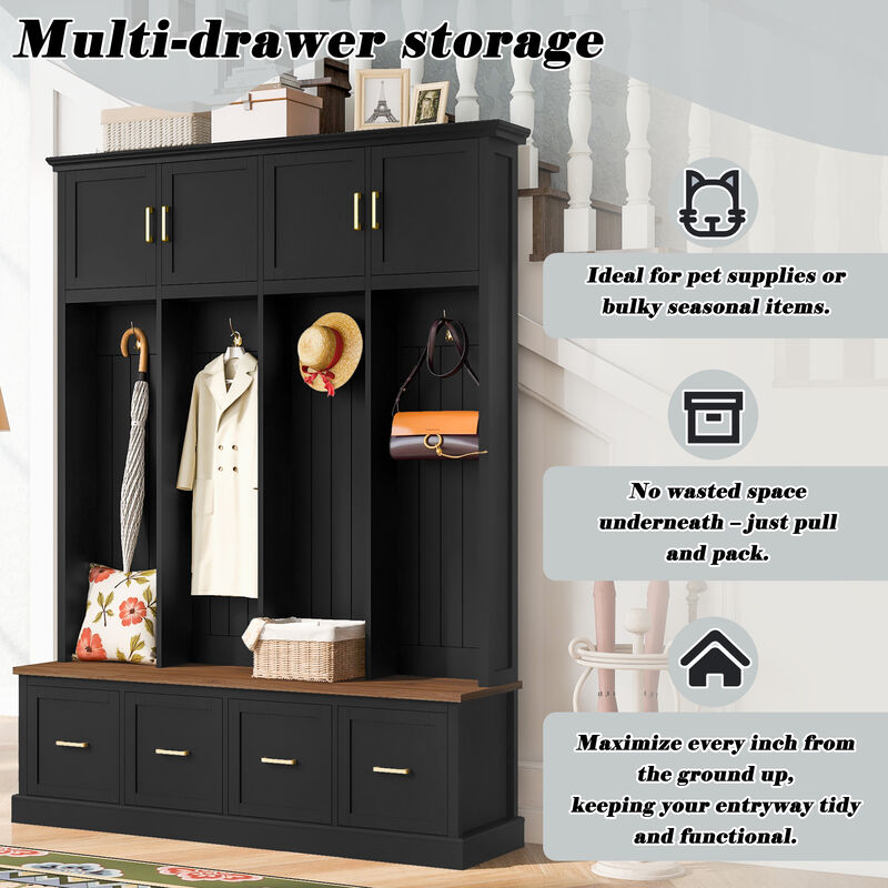 Merax All-in-One Entryway Hall Tree with Hanging Hooks, Upper Cabinet, 3 Drawers & Seating Bench image number 7