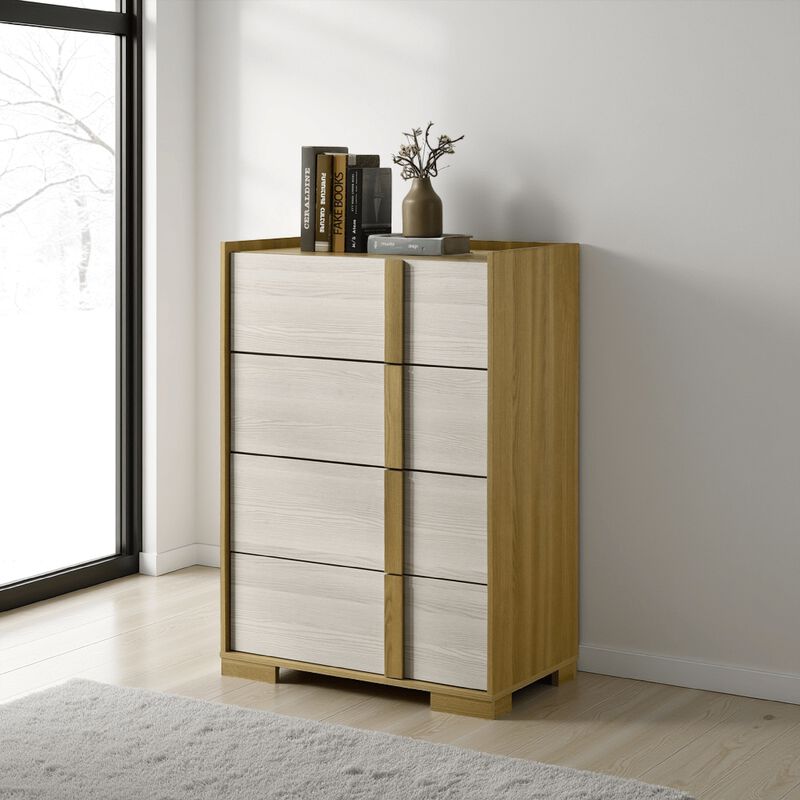 Hyle Tall Dresser Chest, 4 Drawers, Modern Natural Brown and White