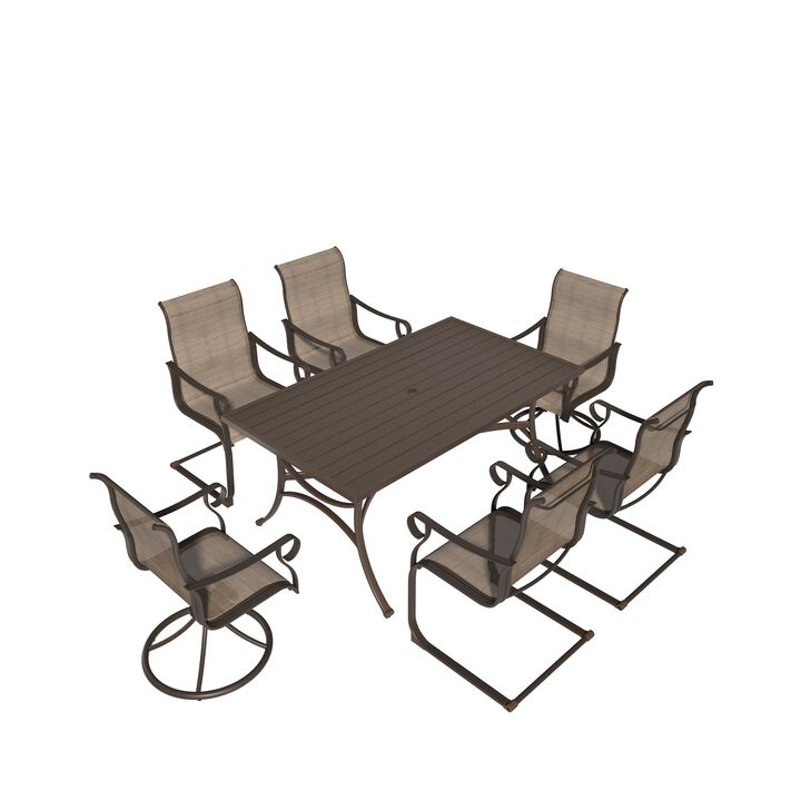 MONDAWE 7-Piece Steel Table And Steel Textiliene Dining Chair Set With 2 Swivel Chair And 2 Spring Chairs