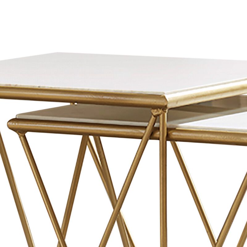 2 Piece Marble Top Nesting Table with Geometric Base, White and Gold
