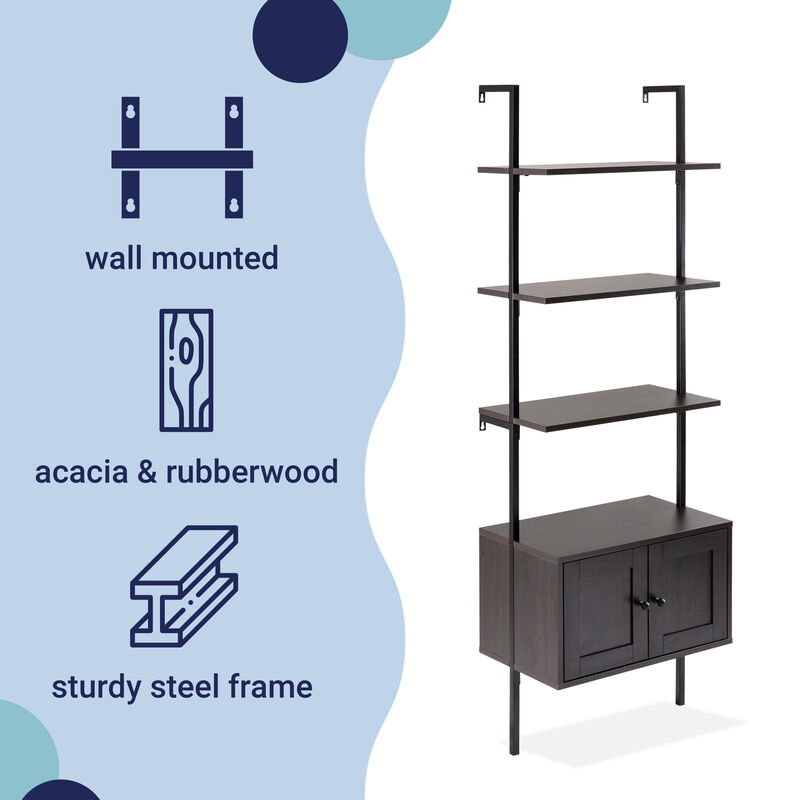 Industrial 4-Shelf Wood Wall-Mounted Open Ladder Bookcase