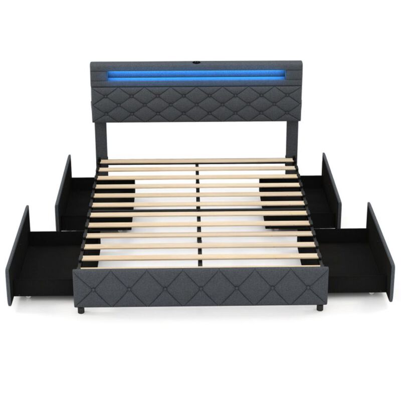 Hivvago Queen Size Bed Frame with Adjustable Storage Headboard and Wooden Slat Support