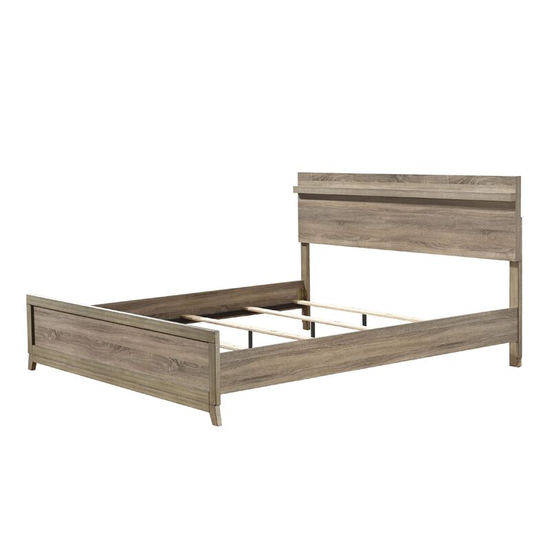 Tily Queen Size Bed w Panel Footboard, Natural Brown Wood Veneers