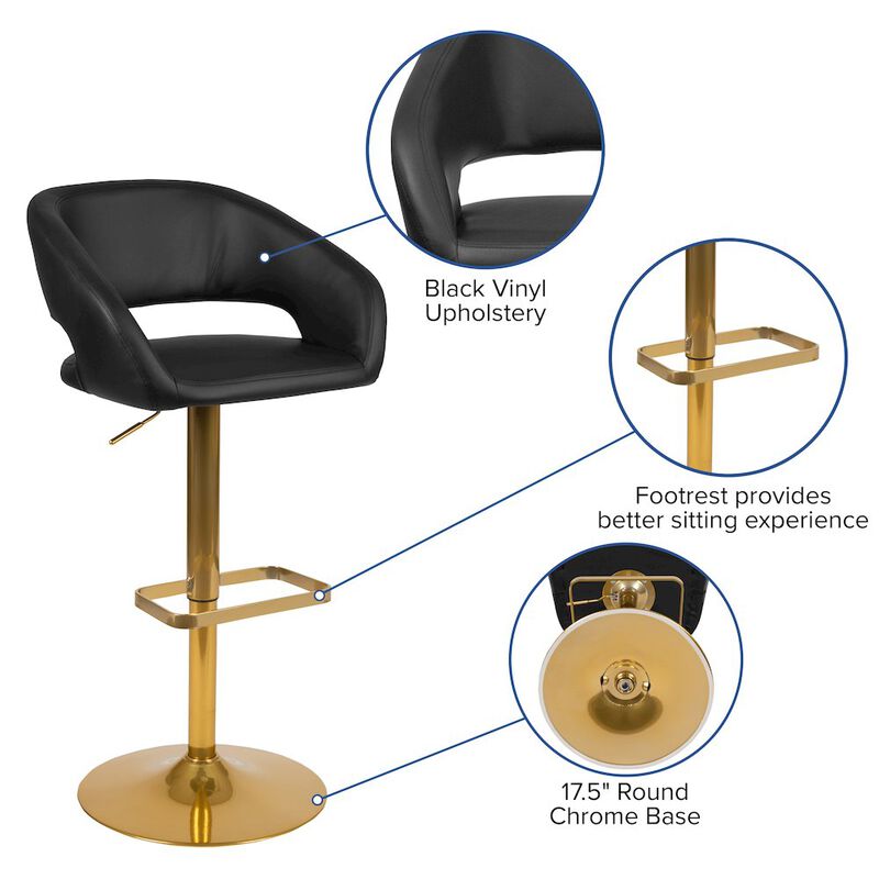 Flash Furniture Black Vinyl Adjustable Height Barstool with Rounded Mid-Back and Gold Base image number 1