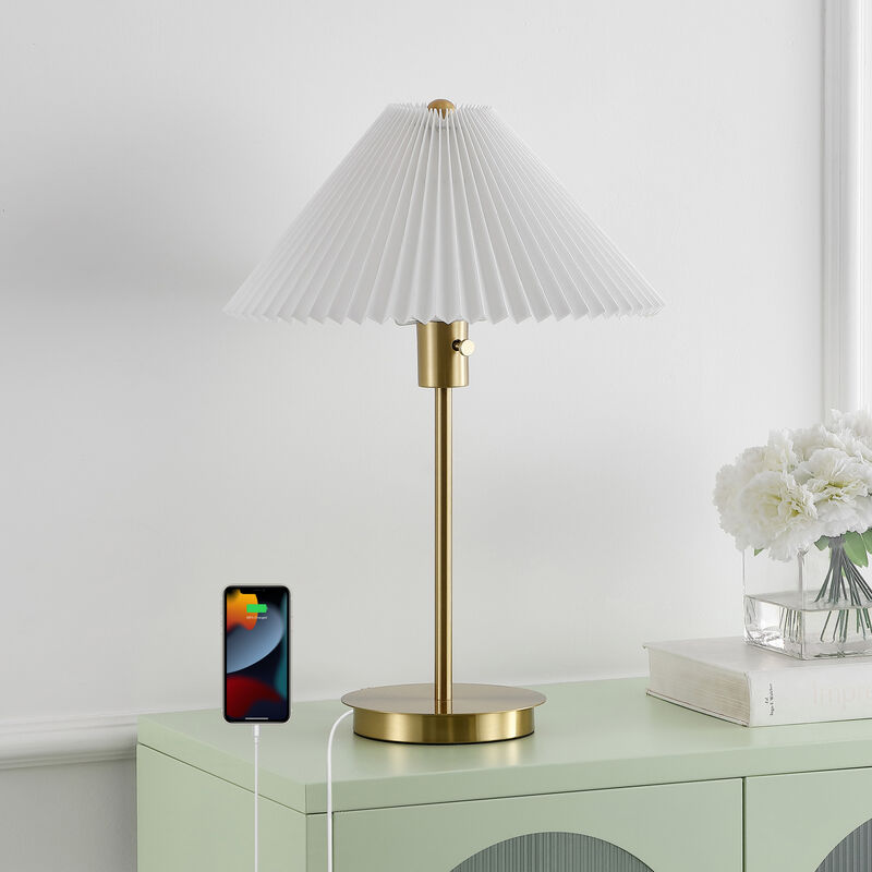 Freida Modern Glam Metal Column LED Table Lamp with USB Charging Port and Pleated Shade
