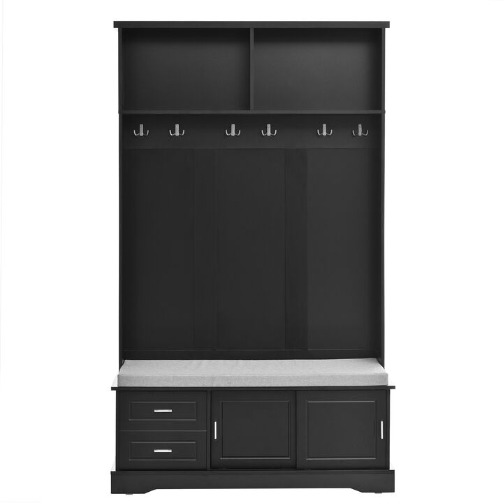 Clihome Elegant Hall Tree with Sliding Doors, Versatile Coat Rack with 6 Silvery Hooks & Handles, Mudroom Bench Cabinet with Shoe Storage & 44.4"W Cushion for Hallway, Living Room, 47.2*78.7