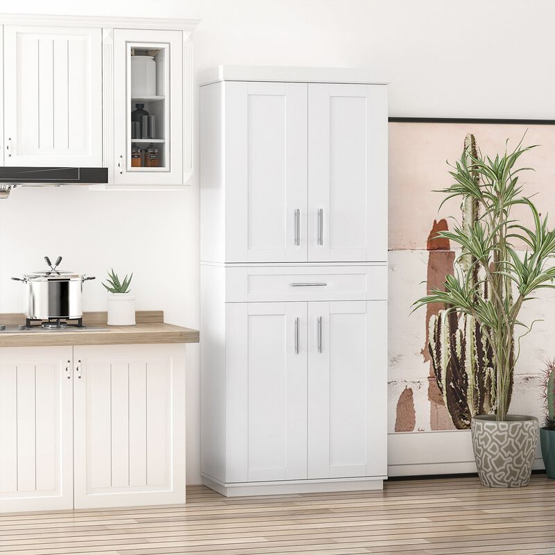 White Kitchen Storage: 4-Door Pantry Cabinet with Drawer and Shelves