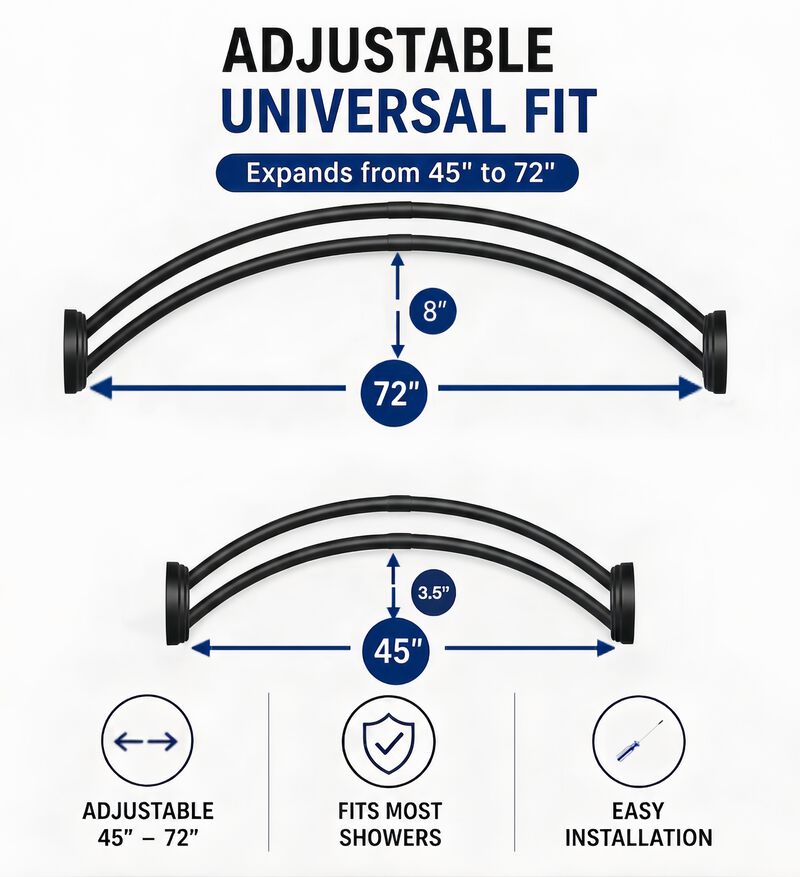 Shower Suite by Utopia Alley &ndash; Rustproof Aluminum Double Curved Shower Curtain Rod Combo Set with Liner & 24 Hooks, Adjustable 45&ndash;72 Inch Wall Mounted Dual Rod, Extra 30% Space image number 6