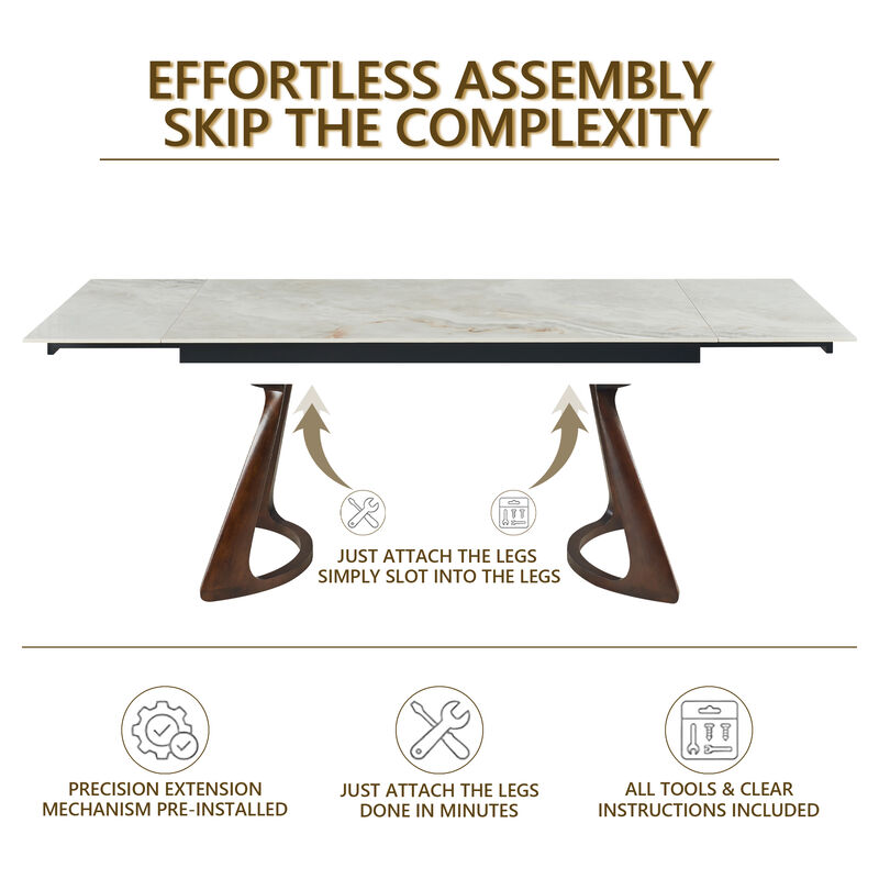 Retractable Imitation Sintered stone Table,Heat Resistant Scratch proof Heavy Duty Carbon,Dark Walnut Solid Wood Base image number 5