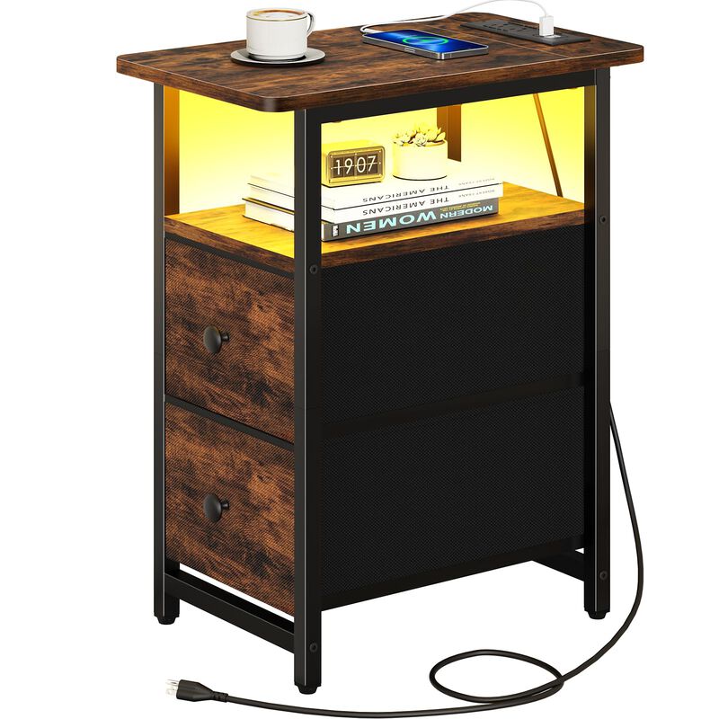Yoobure End Table with Charging Station, Narrow Side Table LED Small Night Stand, Skinny Nightstand with Fabric Drawers, Bedside