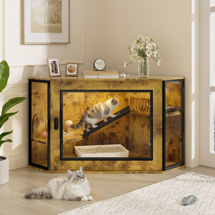 Whisen 48" Pet Furniture, Corner Cat Litter Enclosure, Acrylic & MDF Hidden Cabinet with LED Light, Cat House with Playground
