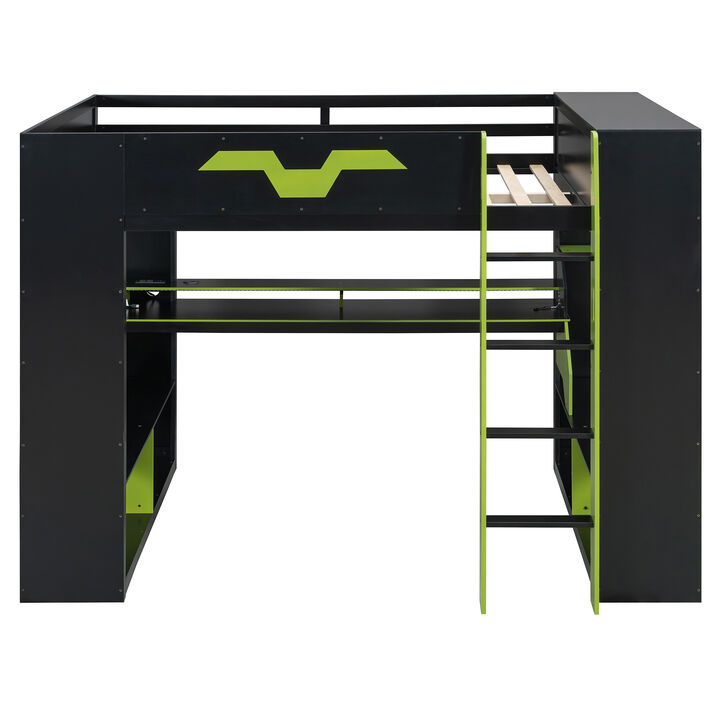 Whisen Full Size Loft Bed with RGB Lights, Power Outlet & Shelves, Wood Gaming Desk for Bedroom